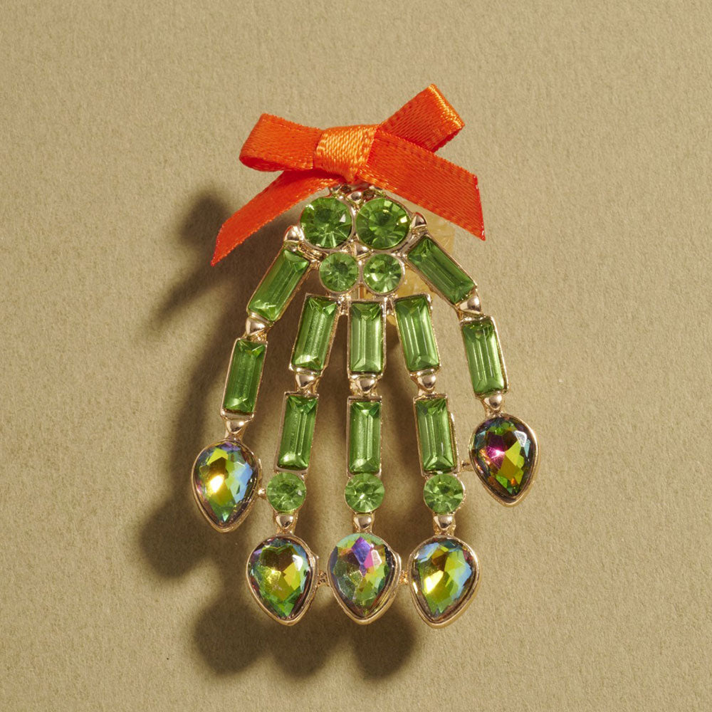 Bow Accent Glass Stone Skeleton Hand Pin Brooch
