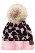 C.C Leopard Pattern Beanie Hat Plush Faux Fur Pom Pom Hat