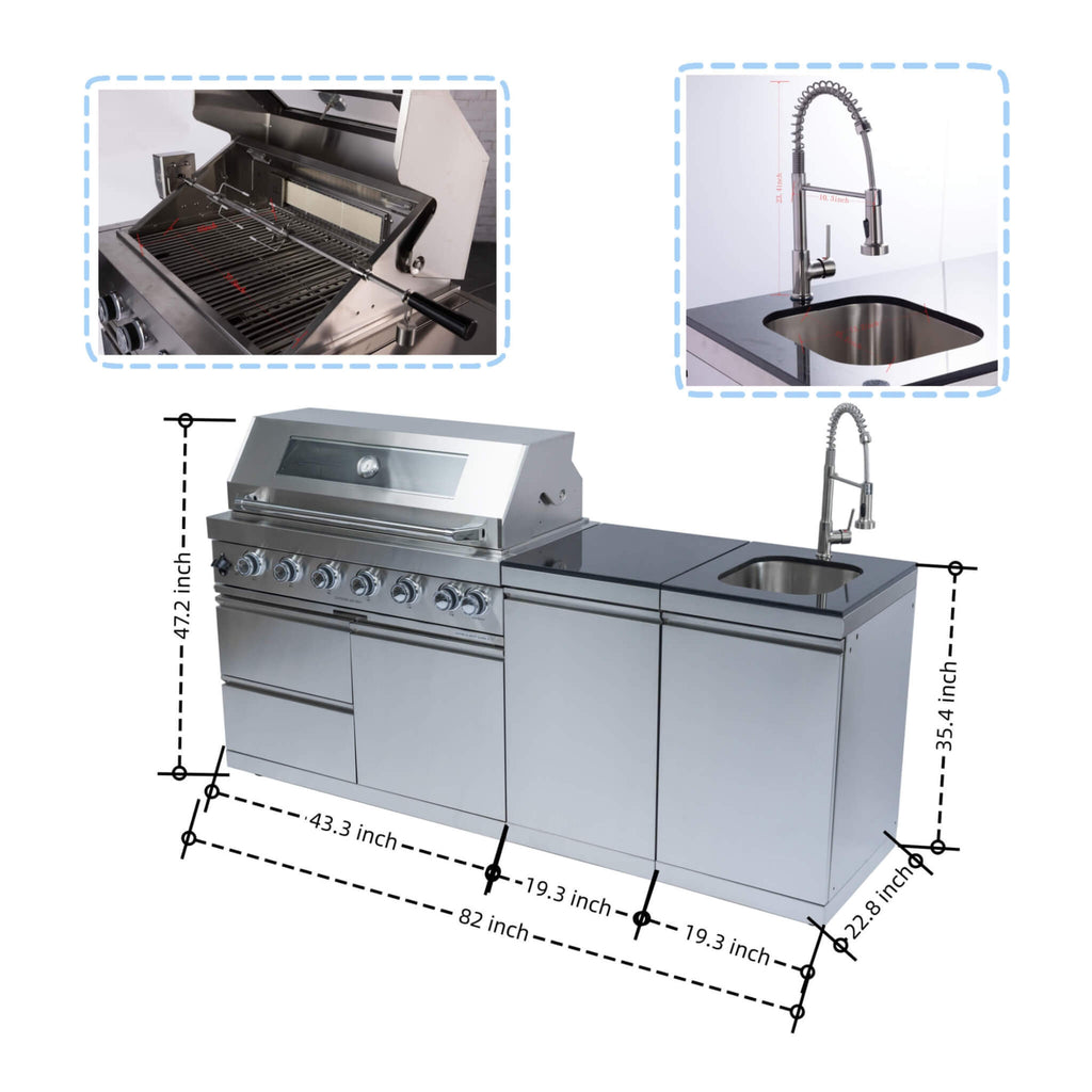 Valmont 43-Inch 6-Burner 85K BTU Outdoor BBQ Kitchen Grill Island With Granite Countertops, Rotisserie Kit, Cabinets, And Sink (SAK73518)