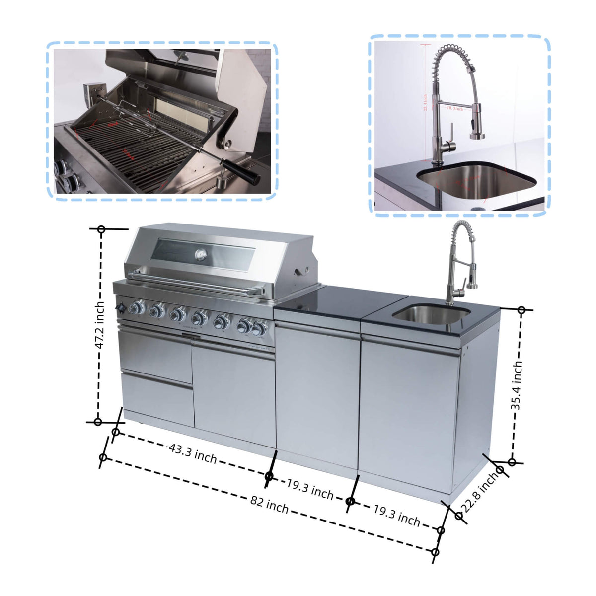 Valmont 43-Inch 6-Burner 85K BTU Outdoor BBQ Kitchen Grill Island With Granite Countertops, Rotisserie Kit, Cabinets, And Sink (SAK73518)