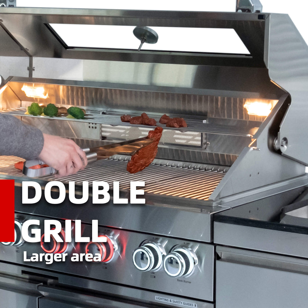 Valmont 43-Inch 6-Burner 85K BTU Outdoor BBQ Kitchen Grill Island With Granite Countertops, Rotisserie Kit, Cabinets, And Sink (SAK73518)