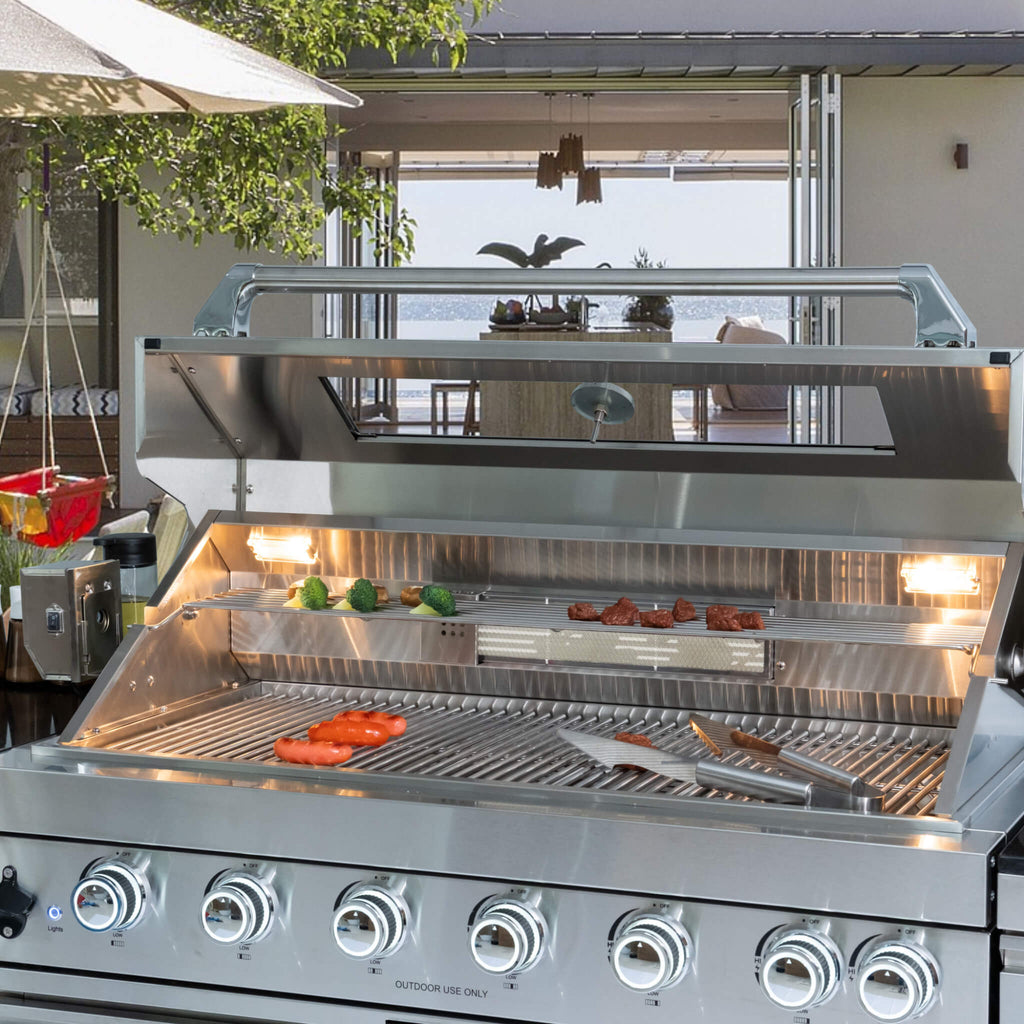 Valmont 43-Inch 6-Burner 85K BTU Outdoor BBQ Kitchen Grill Island With Granite Countertops, Rotisserie Kit, Cabinets, And Sink (SAK73518)