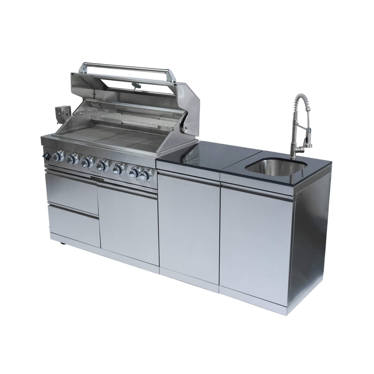 Valmont 43-Inch 6-Burner 85K BTU Outdoor BBQ Kitchen Grill Island With Granite Countertops, Rotisserie Kit, Cabinets, And Sink (SAK73518)