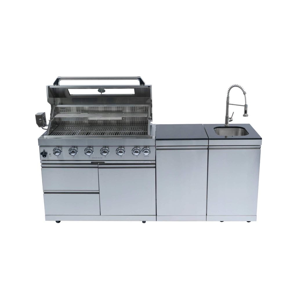 Valmont 43-Inch 6-Burner 85K BTU Outdoor BBQ Kitchen Grill Island With Granite Countertops, Rotisserie Kit, Cabinets, And Sink (SAK73518)