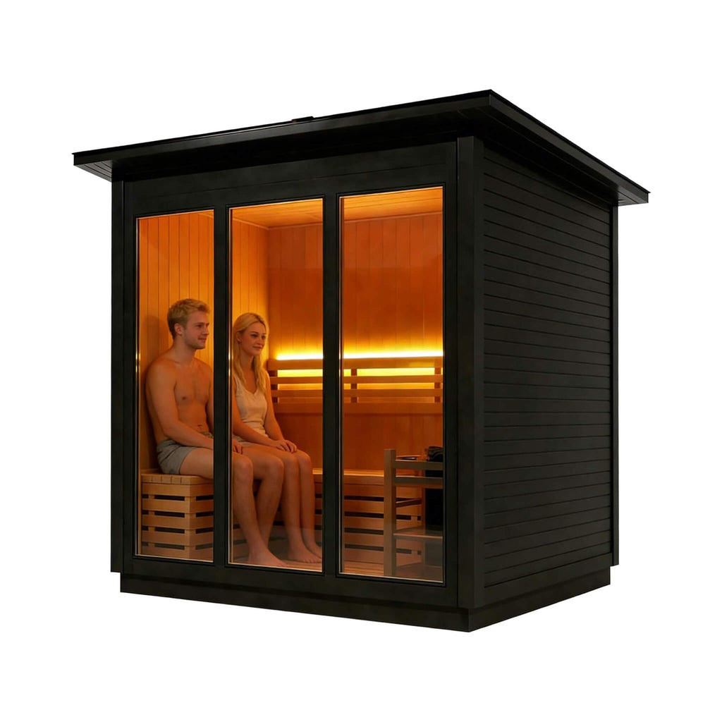 Custom 8-Person Luxury Canadian Red Cedar Outdoor Steam Sauna With Double-Back Bench, Heater And Stones [Made-To-Order] (SAK13492)