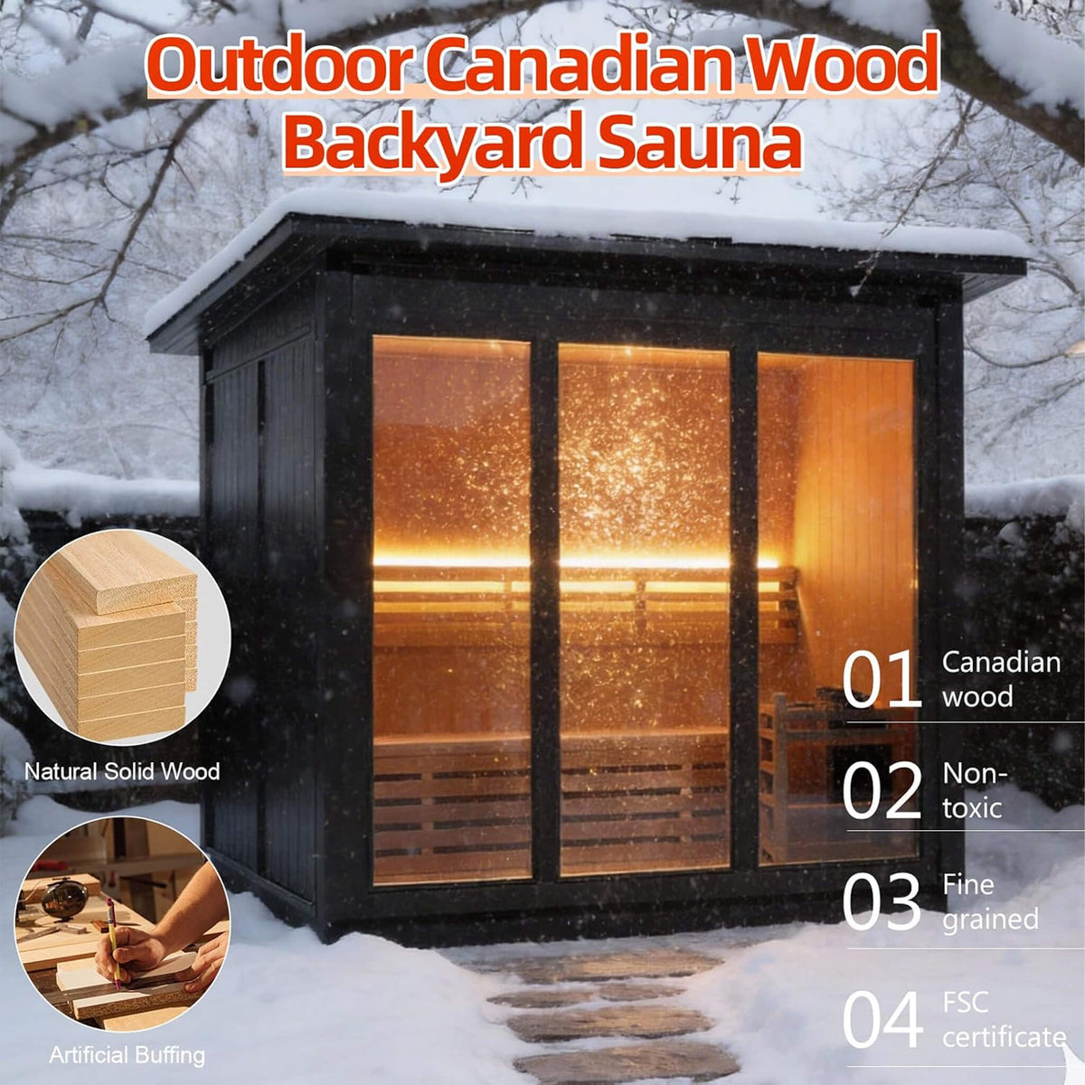 Custom 4-Person Luxury Canadian Hemlock Outdoor Steam Sauna With Single-Back Bench, Heater And Stones [Made-To-Order] (SAK79406)