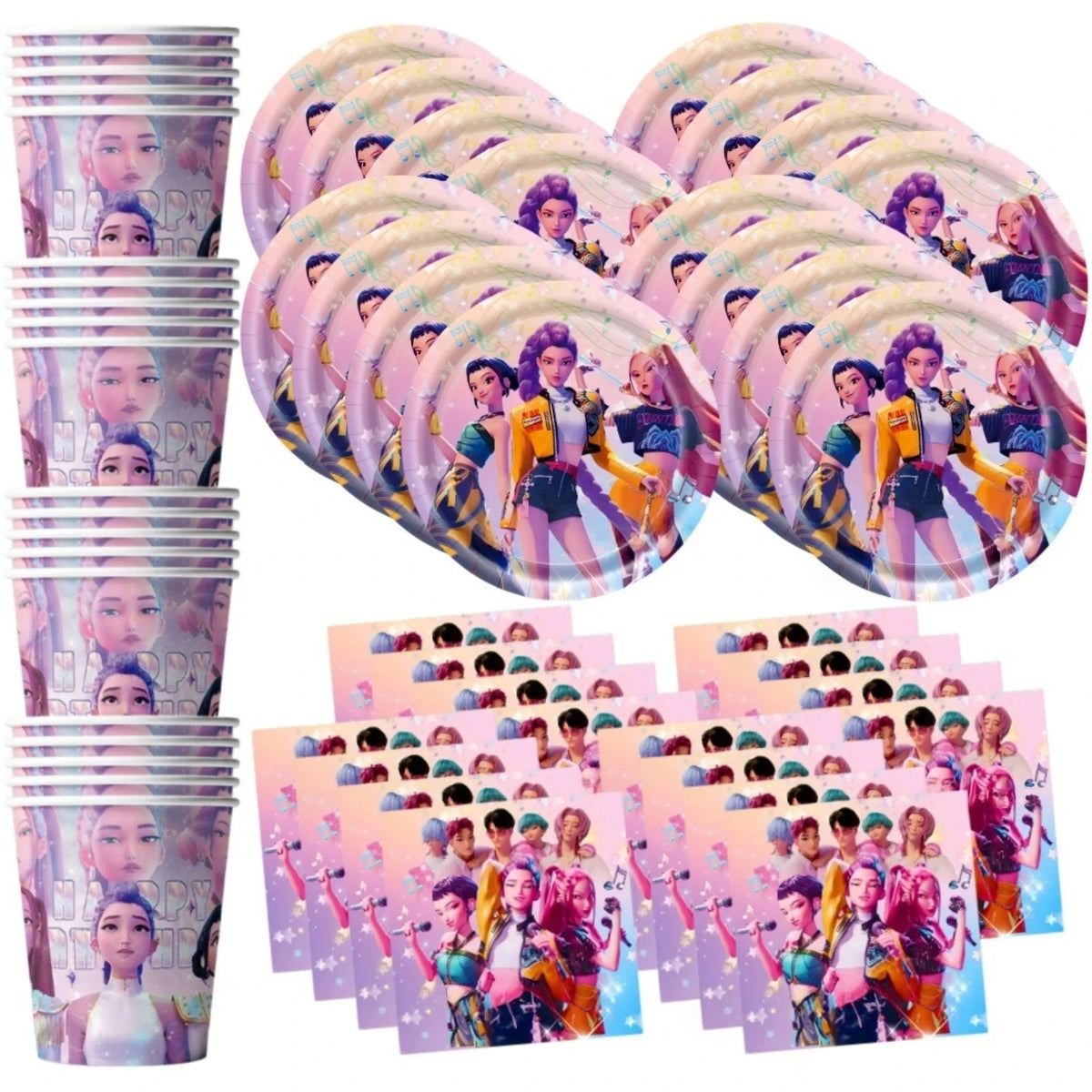 60Pcs Kpo Girl Theme Disposable Tableware Set Cartoon Paper Plates Cups Napkins Kids Birthday Baby Shower Party Supplies Decor