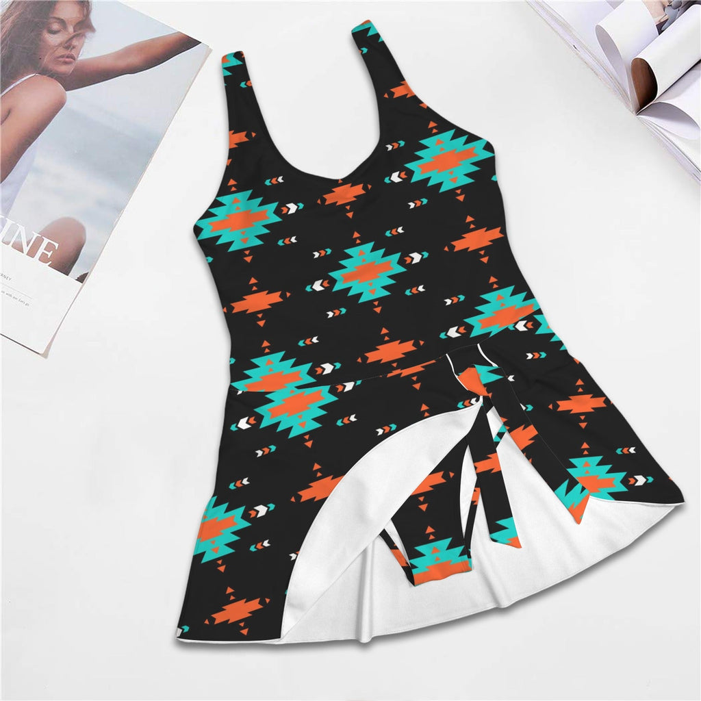 Baha Ranch Turquoise Orange Aztec Skirted Swimsuit
