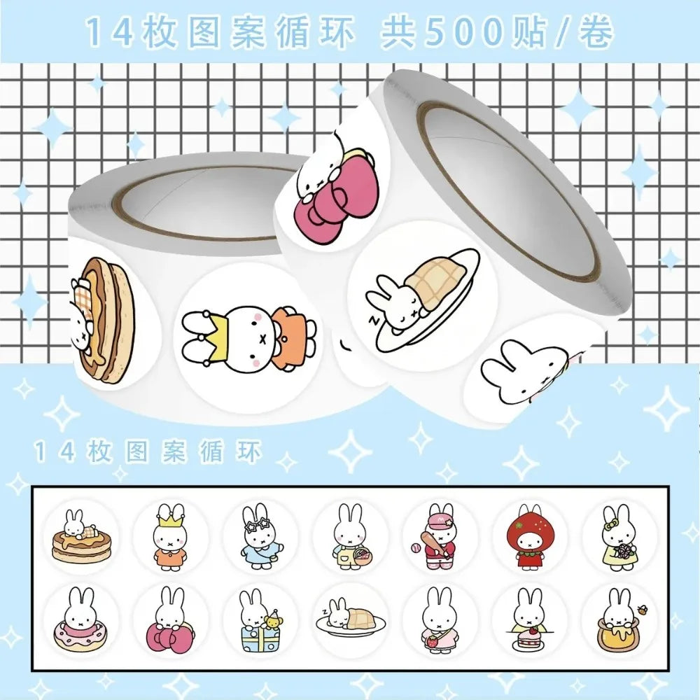500Pcs Kawaii Miffy Rabbit Sticker Seal Cartoon Rabbit Roll Decoration Kawaii Sticker Cartoon Waterproof Stickers Toy