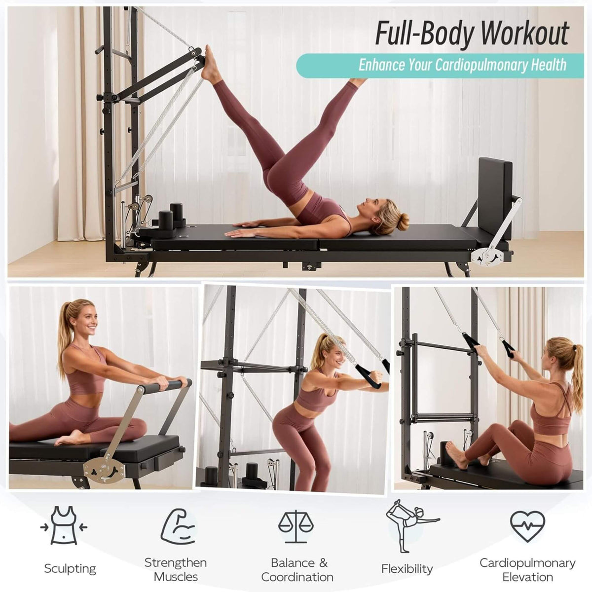 Foldable Dual Resistance Pilates Reformer Machine With Tower (SAK96041)