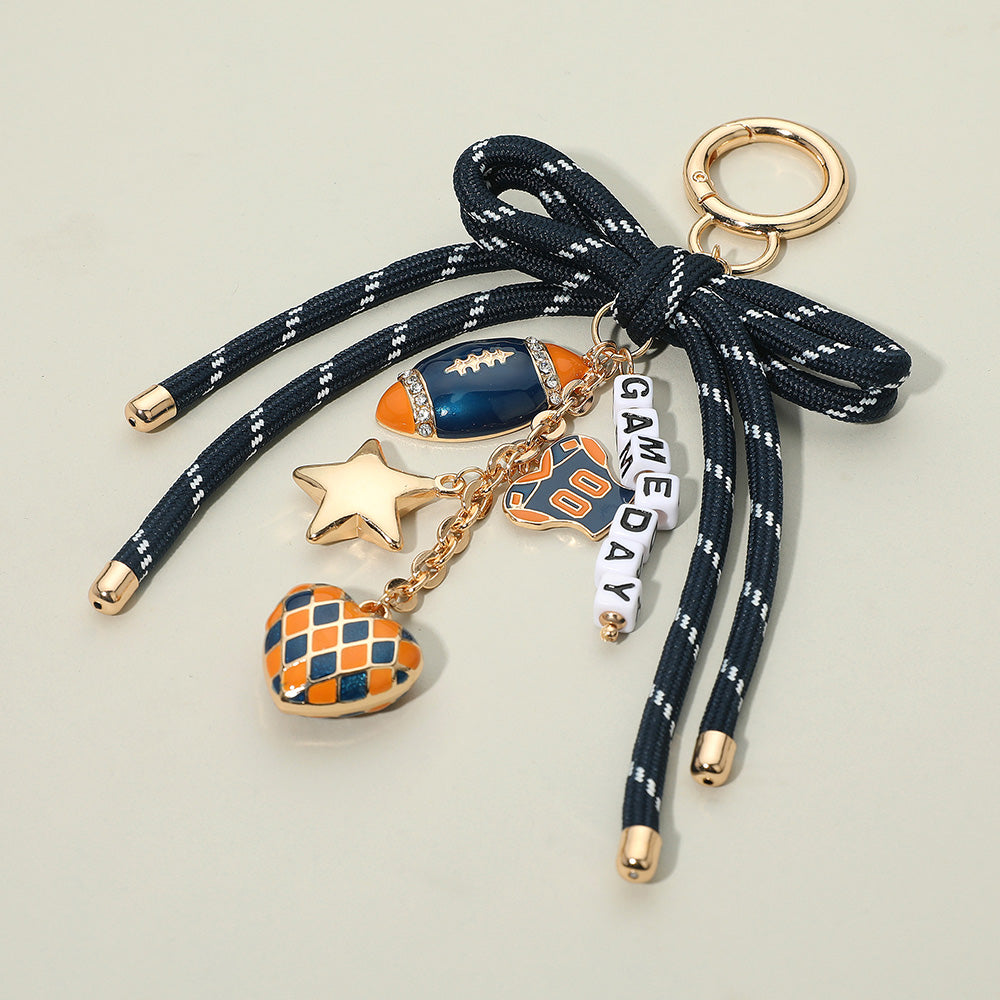 Football Themed Charm GAME DAY Message Beaded Rope Bow Accent Keychain / Bag Charm