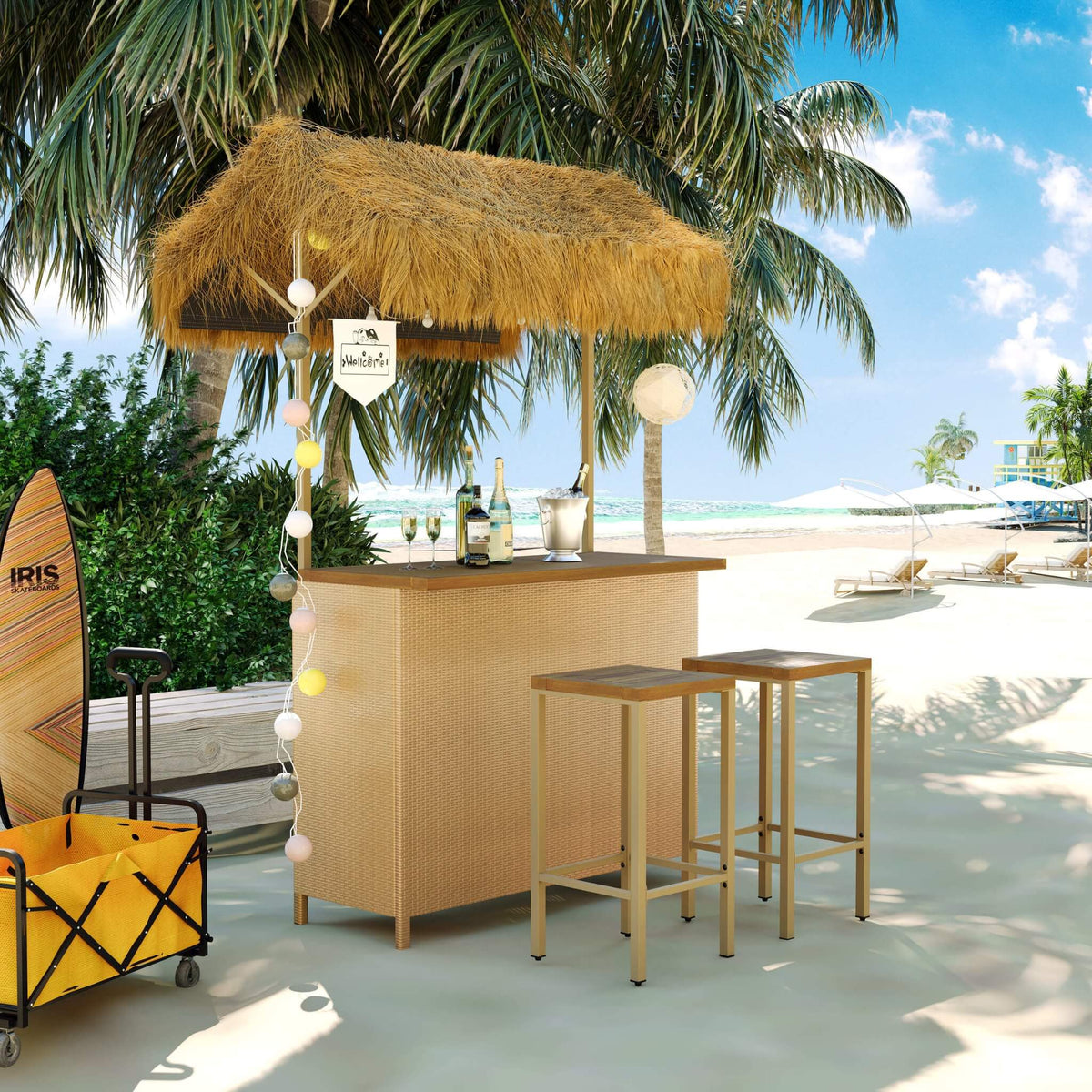3-Piece Hawaiian Bar-Height Patio Set With Grass Canopy And Stools (SAK63047)