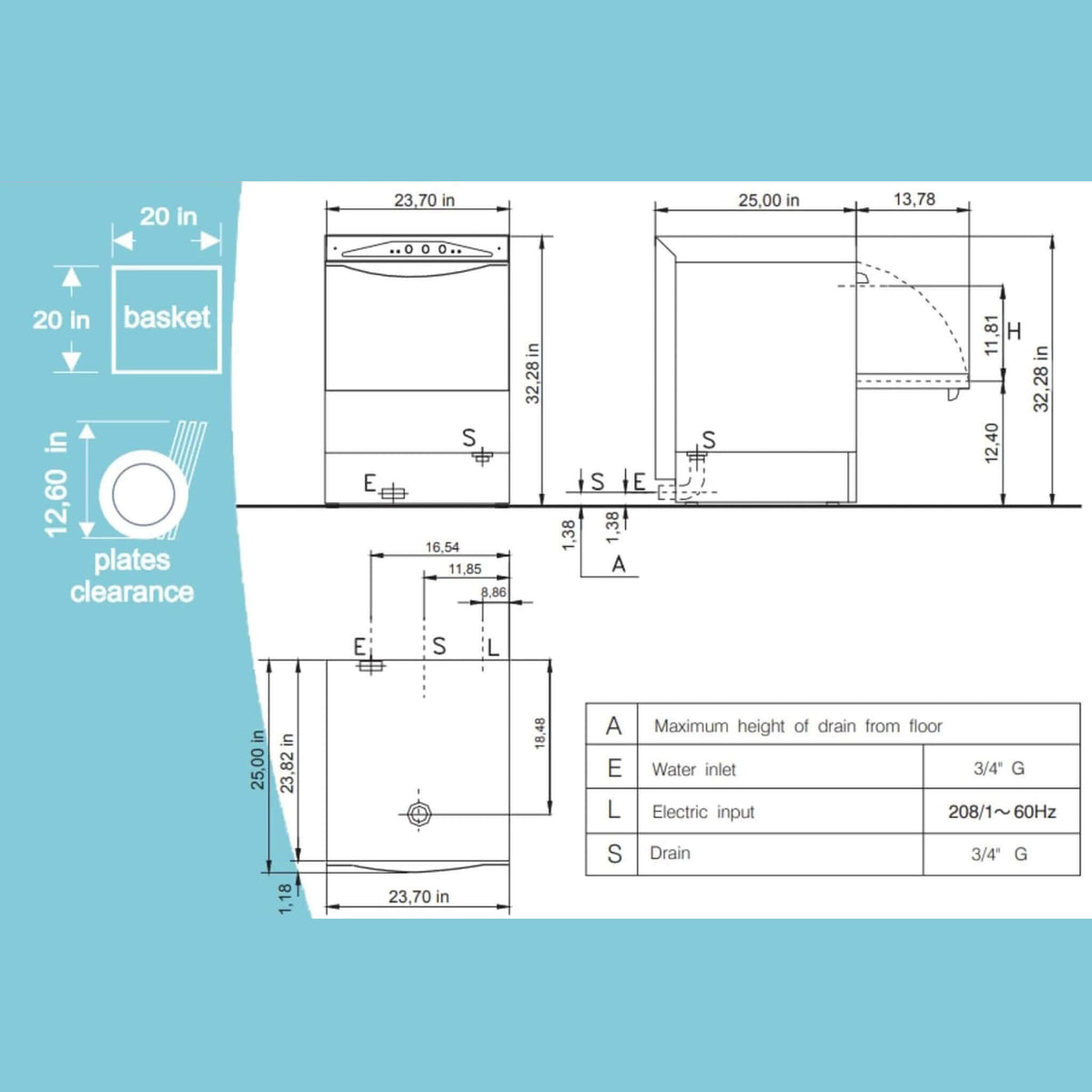 Heavy-Duty Commercial Stainless Steel Undercounter Rack Dishwasher (SAK82046)