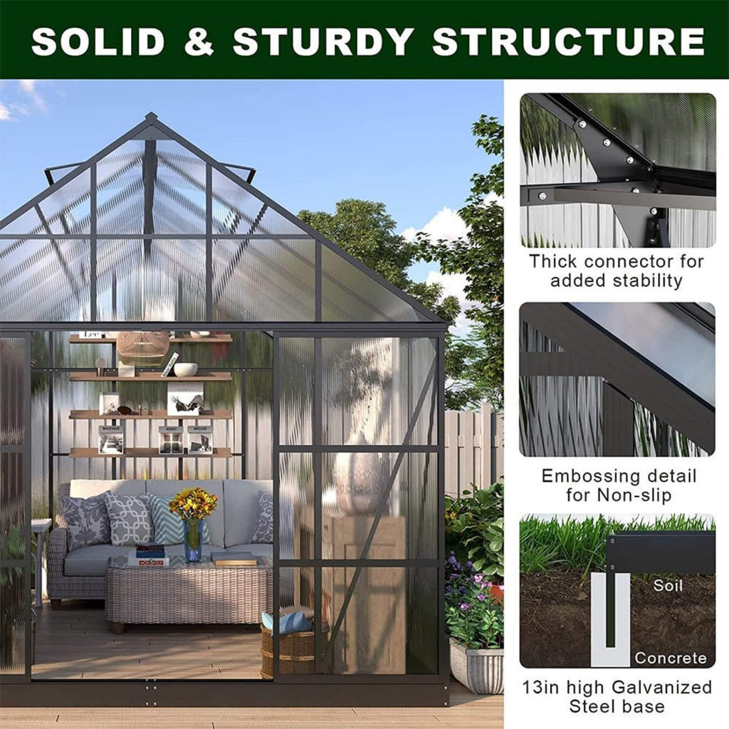 [10X12FT] Heavy-Duty Outdoor Walk-In Polycarbonate Patio Greenhouse With Sliding Doors & Vents (SAK92846)