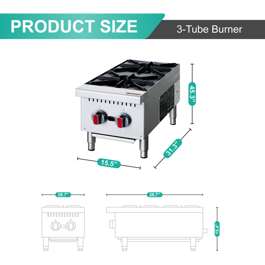 Heavy-Duty Stainless Steel Commercial 2-Burner 50K BTU Countertop Gas Stove Range (SAK29475)