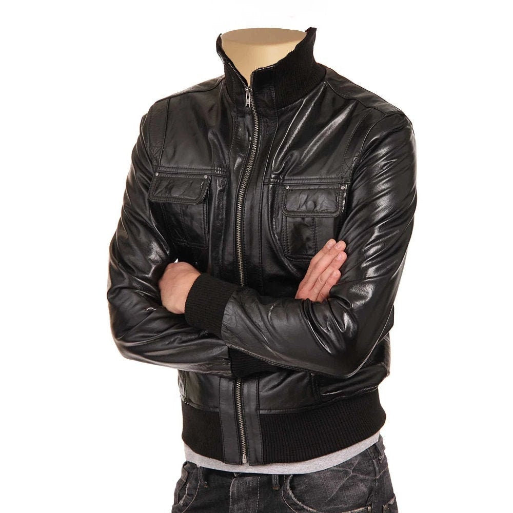 Handmade Black Leather Jacket With Straight Ribbed Collar