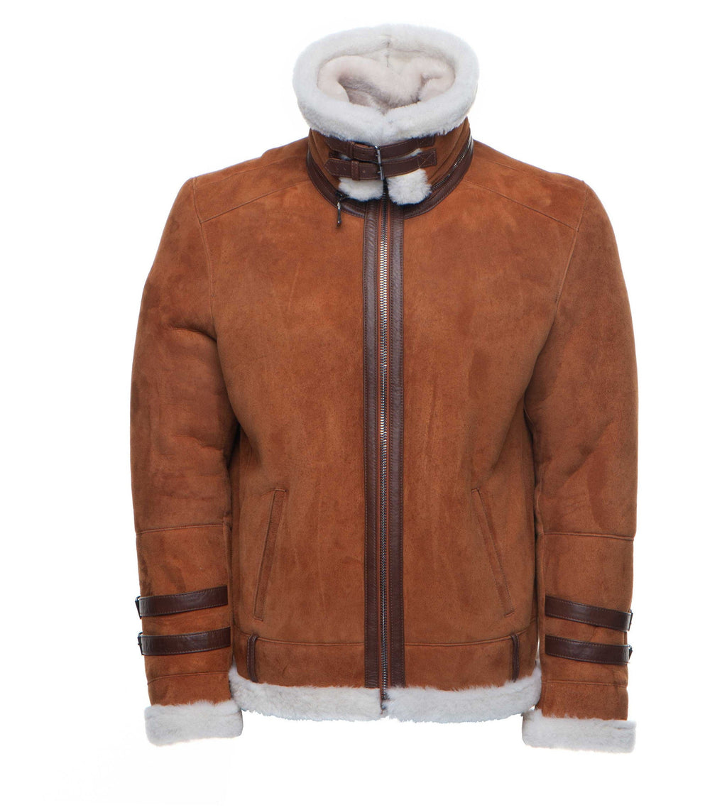 Handmade Hagan's Tan Aviator Bomber Suede Shearling Jacket