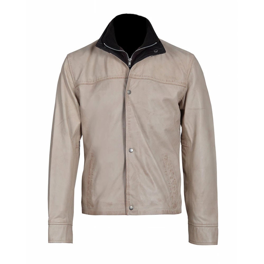 Handmade Barnes Bone White Hand Waxed Double Collar Leather Jacket