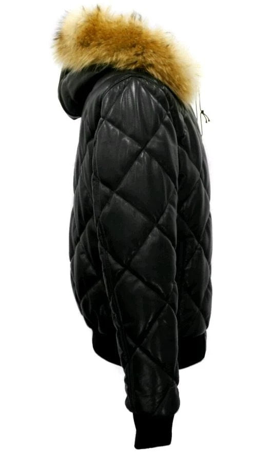 Handmade Joel Quilted Puffer Winter Leather Jacket With Diamond Stitching And Fur Hoodie