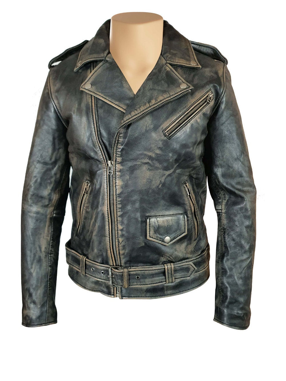 Handmade Distressed Biker Style Jacket With Belt