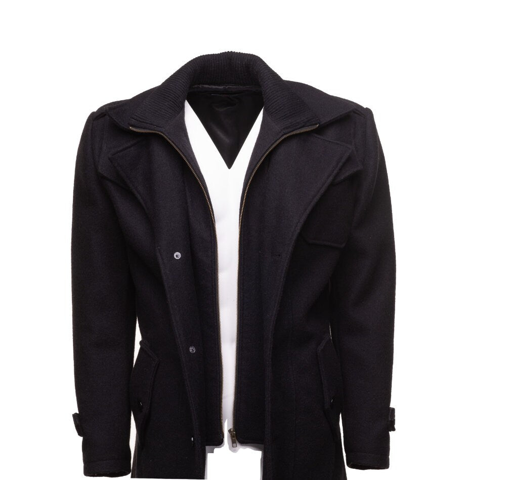 Handmade Black Wool 3/4 Length Trench Coat