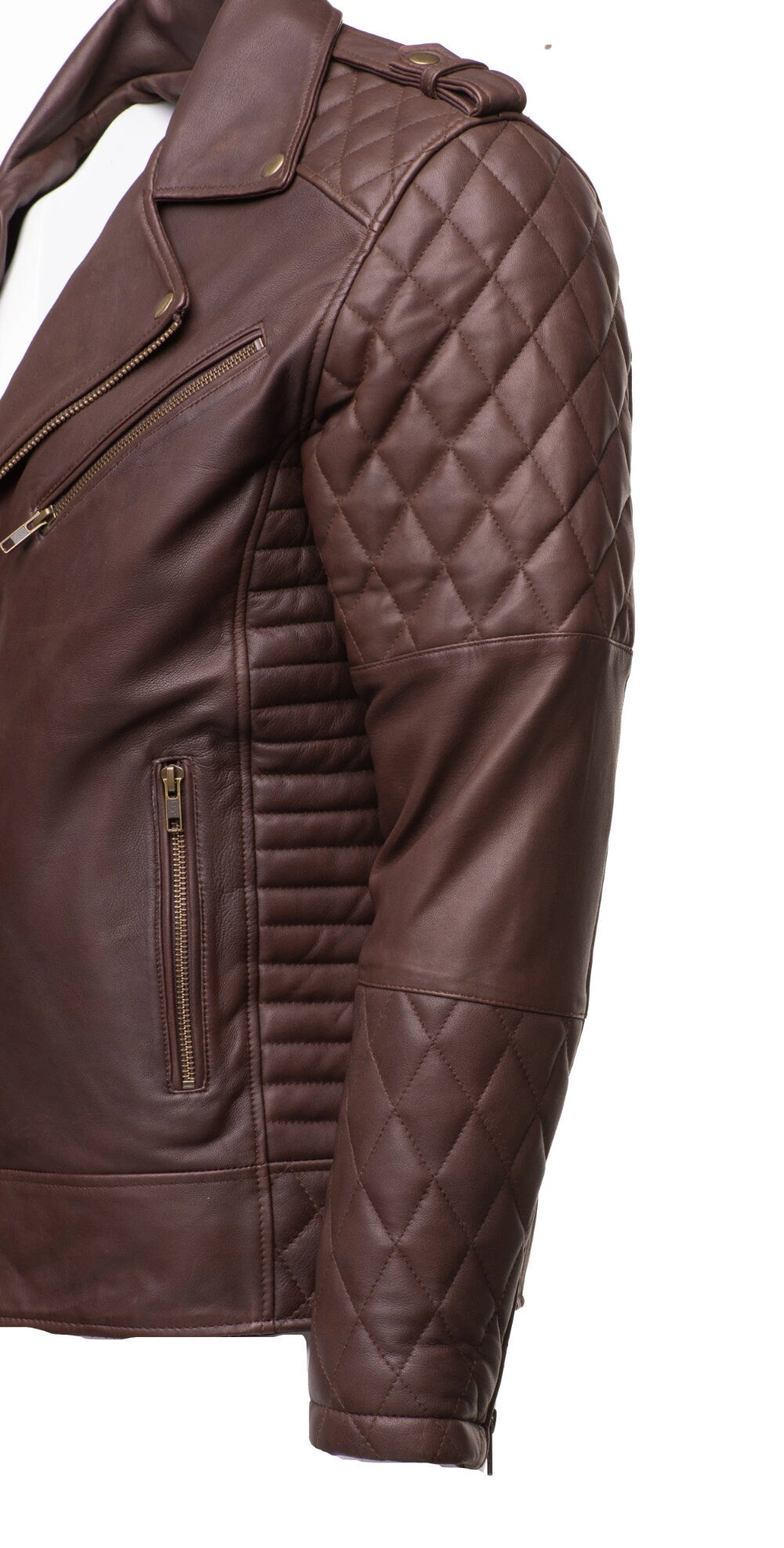 Handmade  Brown Quilted Biker Leather Jacket With Diamond Stitching Details