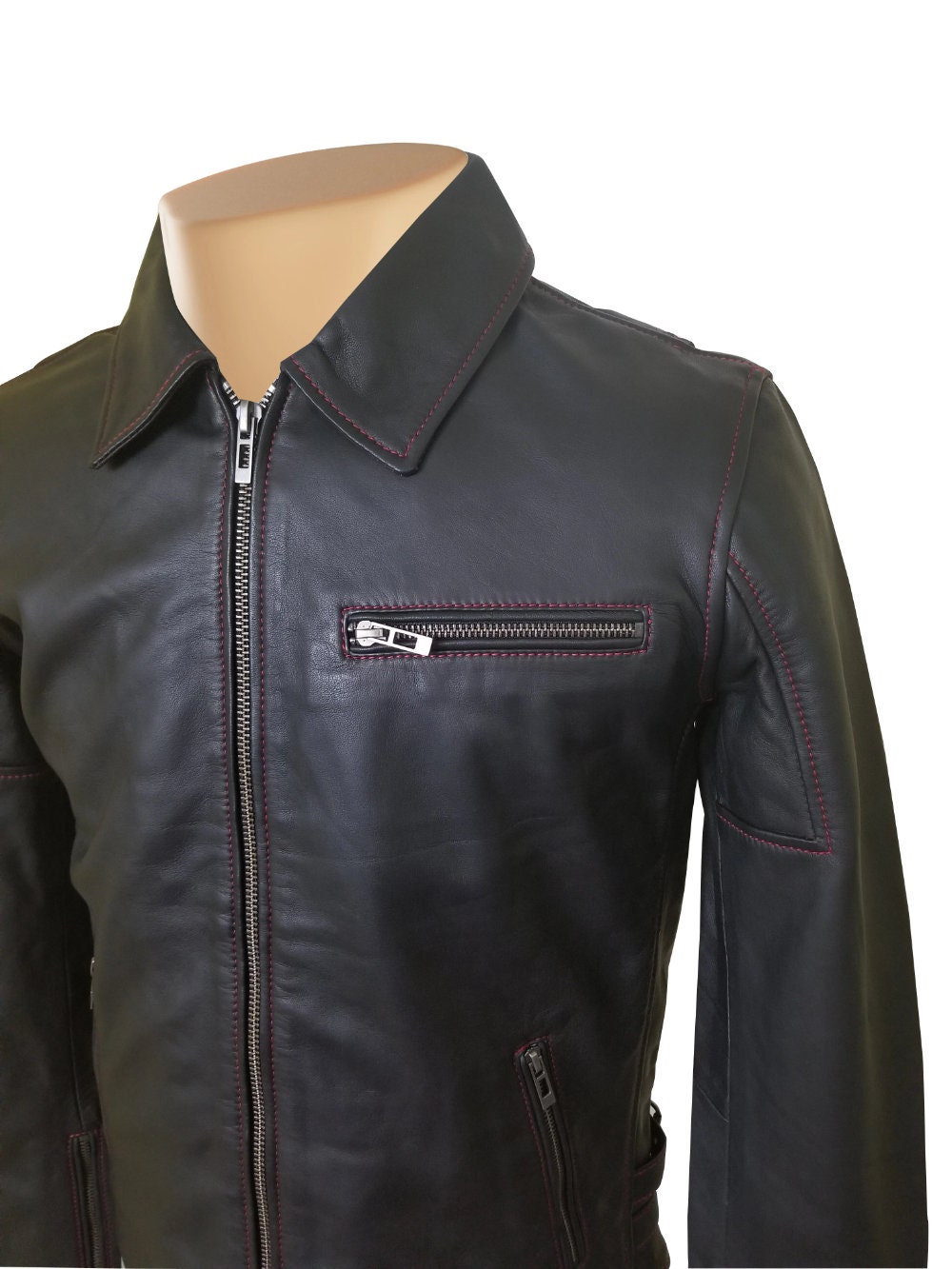 Handmade Bonnie's Black Leather Jacket With Red Stitching