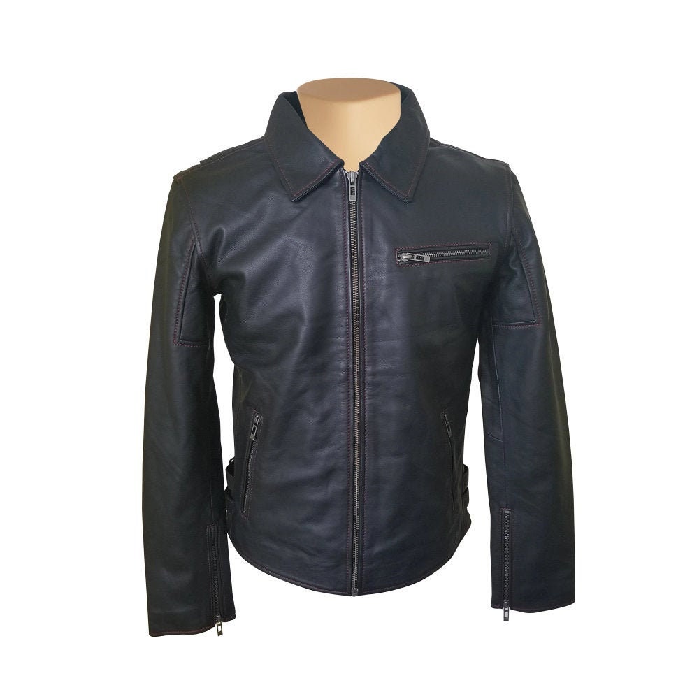 Handmade Bonnie's Black Leather Jacket With Red Stitching
