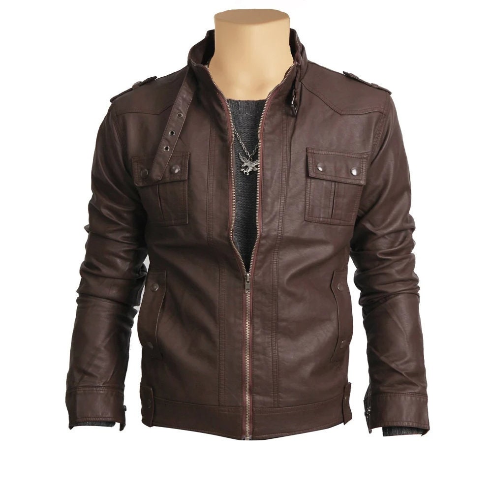Handmade Brown Leather Jacket With Collar Belt