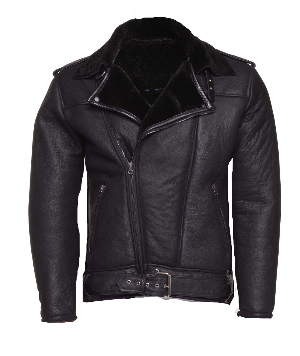 Handmade Black on Black Shearling Biker Jacket