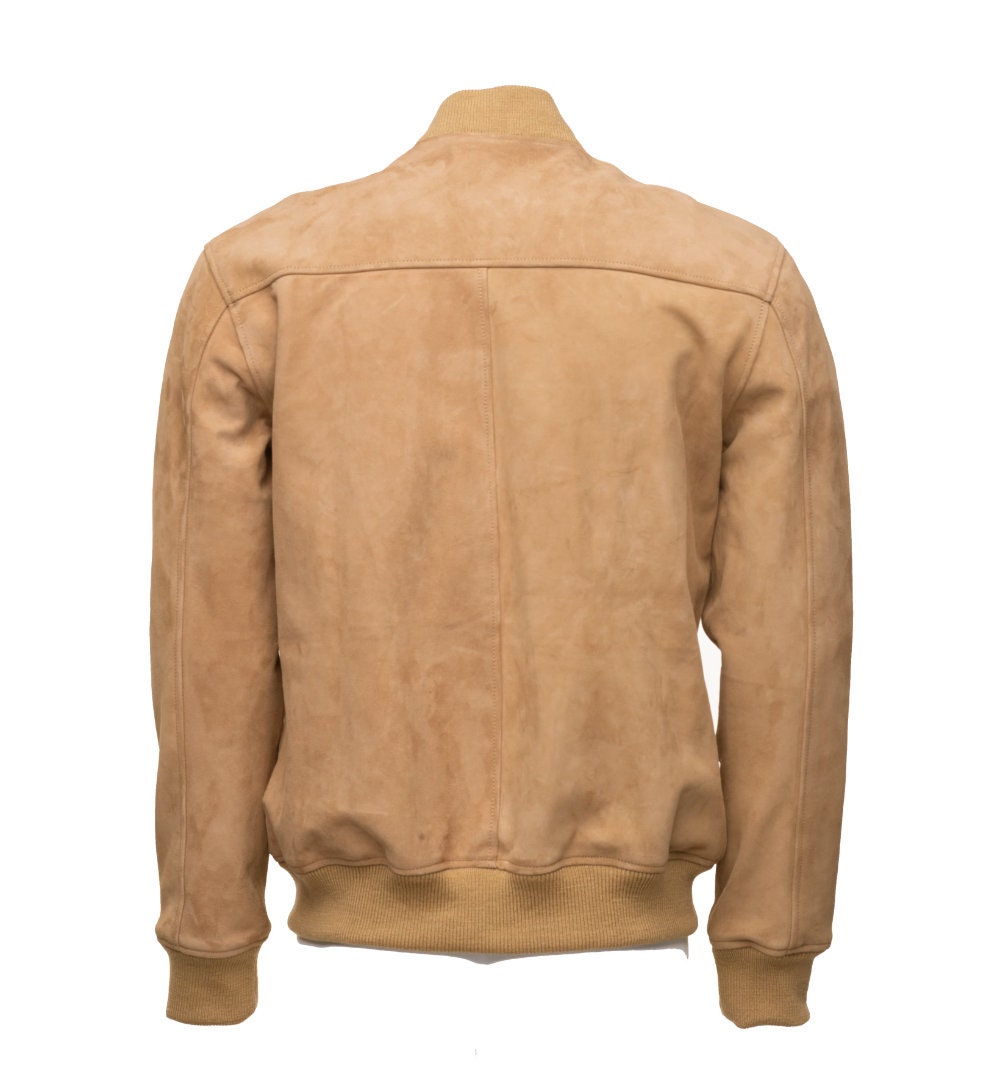 Handmade Sandy Beige Suede Bomber Leather Jacket With Ribbed Cuffs