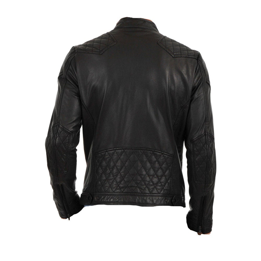 Handmade Moto Style leather jacket with quilted stitching patches