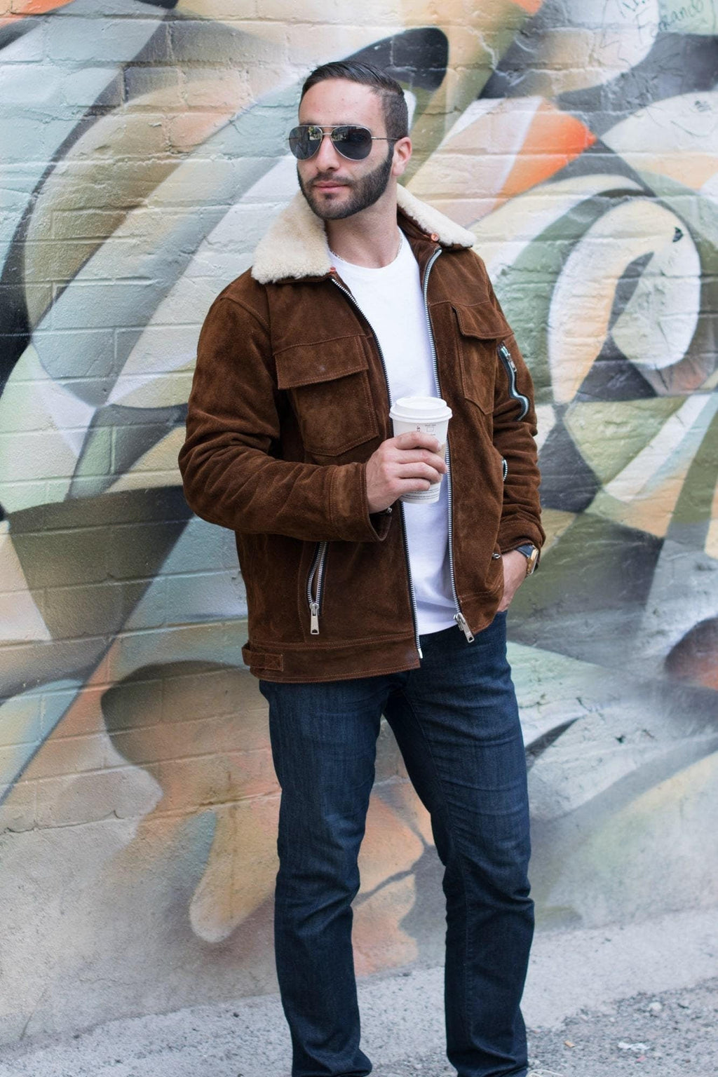 Handmade  Suede Bomber Leather Jacket With Fur Collar