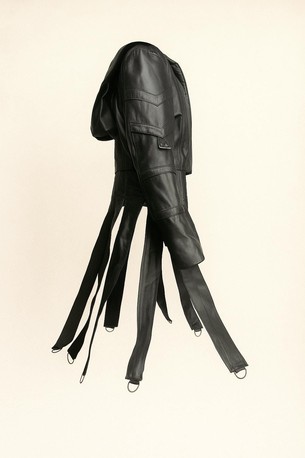 Gothic Black Leather Hooded Jacket with Buckle Straps & D-Rings – Cyberpunk Streetwear by Ox and Bulls