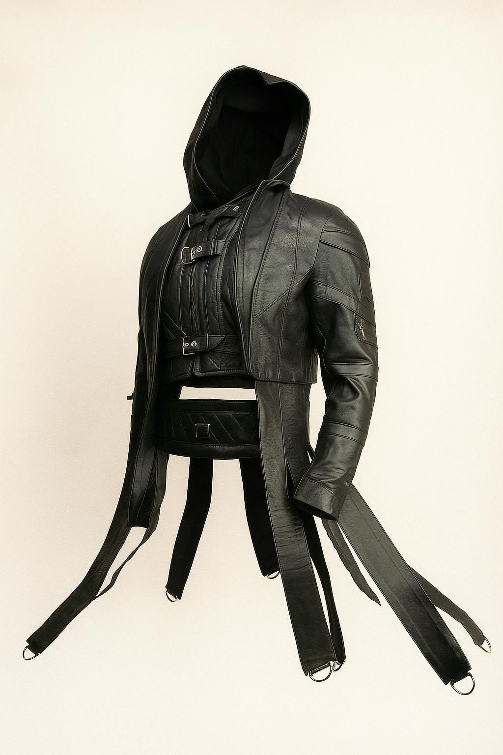 Gothic Black Leather Hooded Jacket with Buckle Straps & D-Rings – Cyberpunk Streetwear by Ox and Bulls