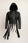 Gothic Black Leather Hooded Jacket with Buckle Straps & D-Rings – Cyberpunk Streetwear by Ox and Bulls