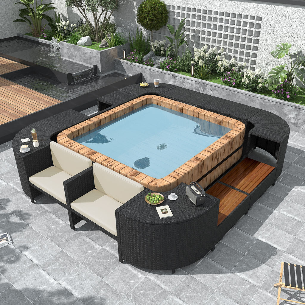 Large Outdoor Quadrilateral Spa Surround Rattan Sectional Sofa Set With Storage Compartments (SAK80217)