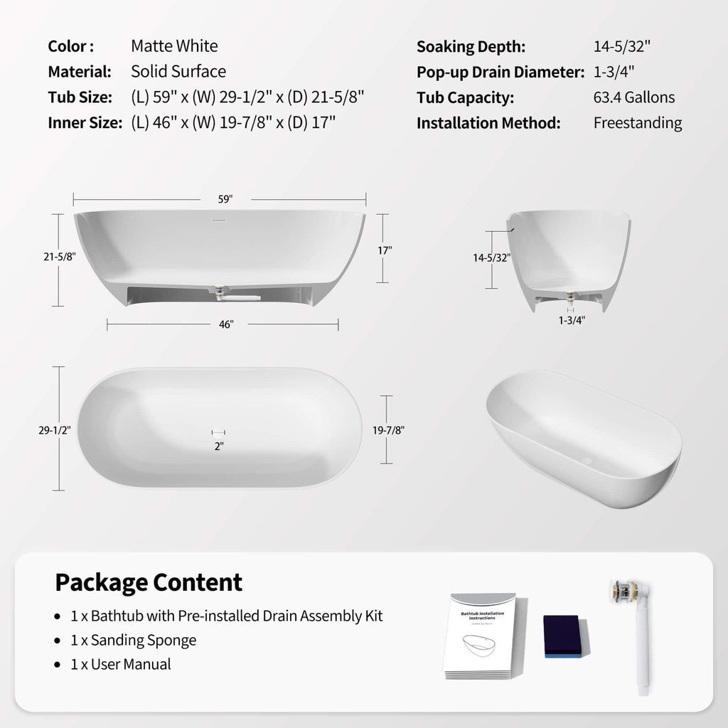 Wavecrest 59-Inch Luxury Solid Surface Matte White Freestanding Soaking Tub (SAK95320)