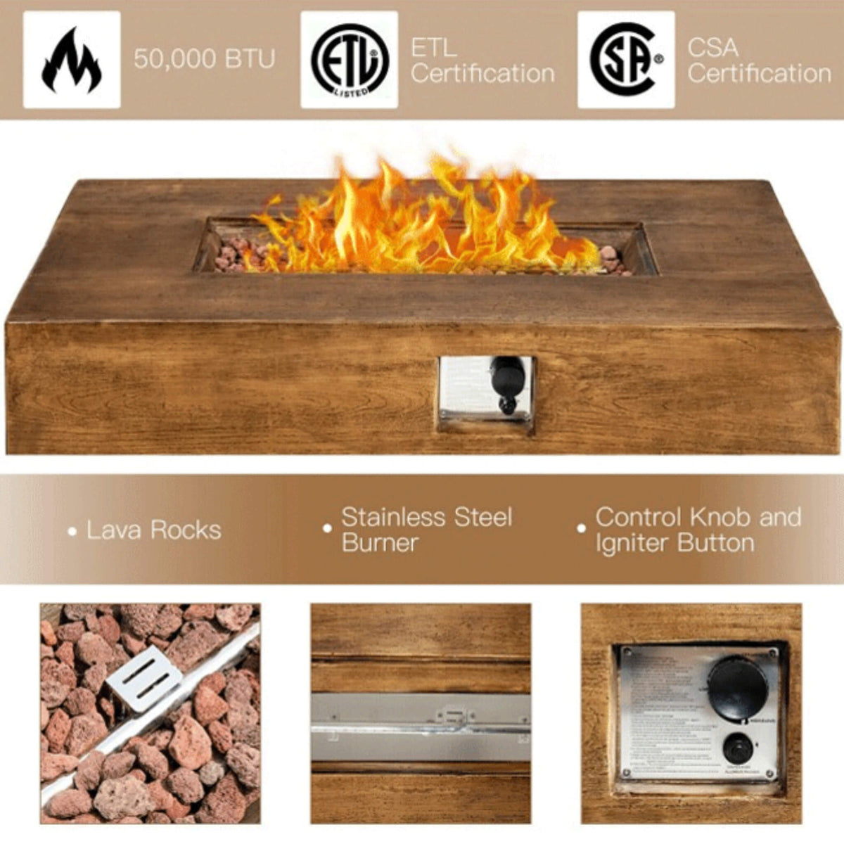 Outdoor Propane Gas Fire Pit Table W/ Lava Rocks & Cover, 50K BTU (SAK94436)
