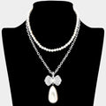 Pearl Chain Layered Rhinestone Pave Ribbon Pearl Dangle Pendant Necklace