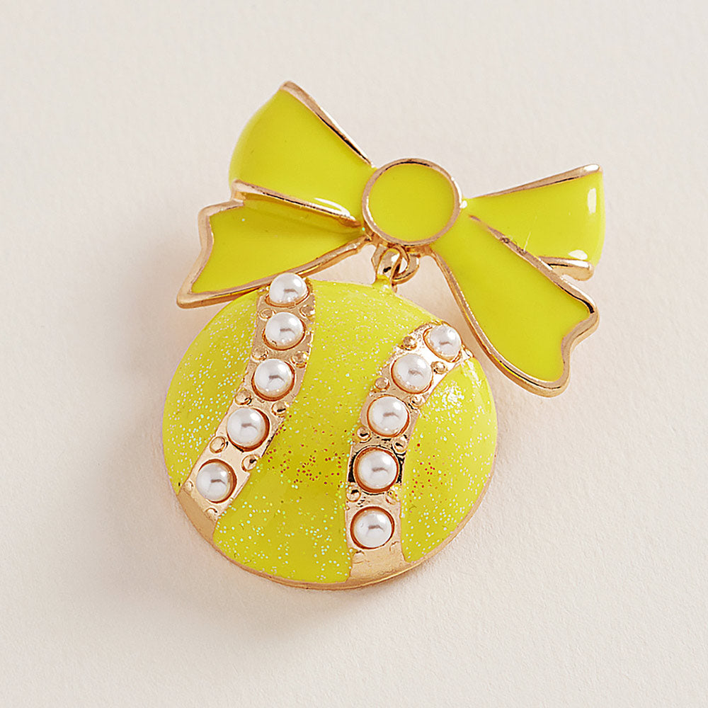 Pearl Enamel Tennis Ball Bow Pin Brooch