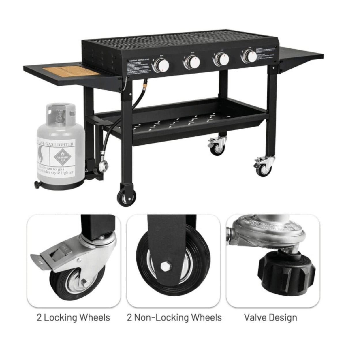 Portable Outdoor 60K BTU 4-Burner Propane Flat Top Gas Grill W/ Wheels (SAK66104)