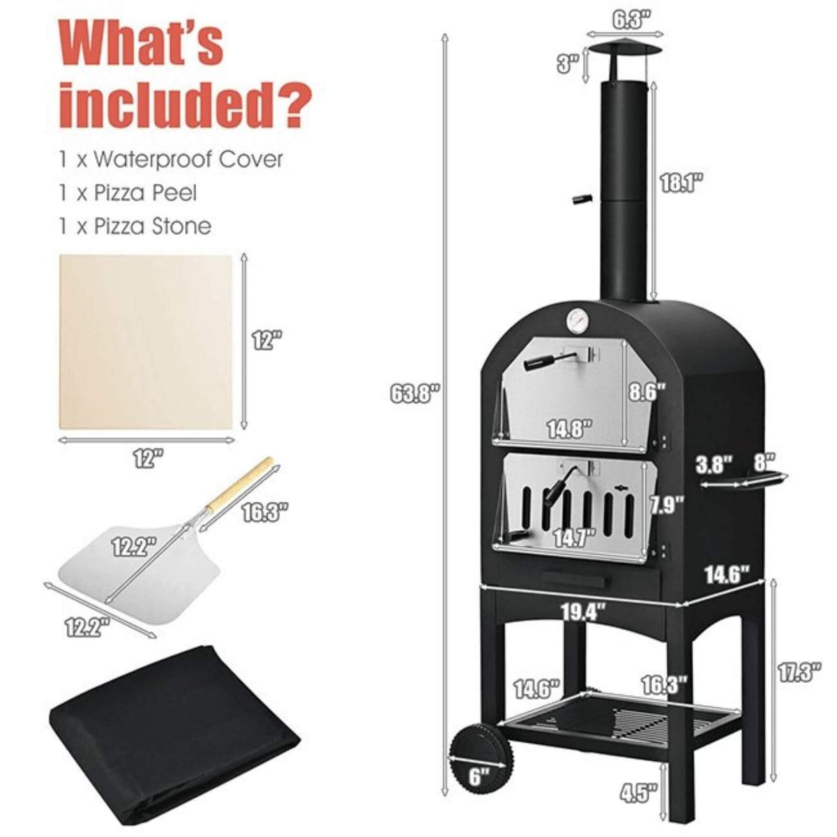 Portable Outdoor Wood Fired Pizza Oven W/ Pizza Stone & Waterproof Cover (SAK82635)