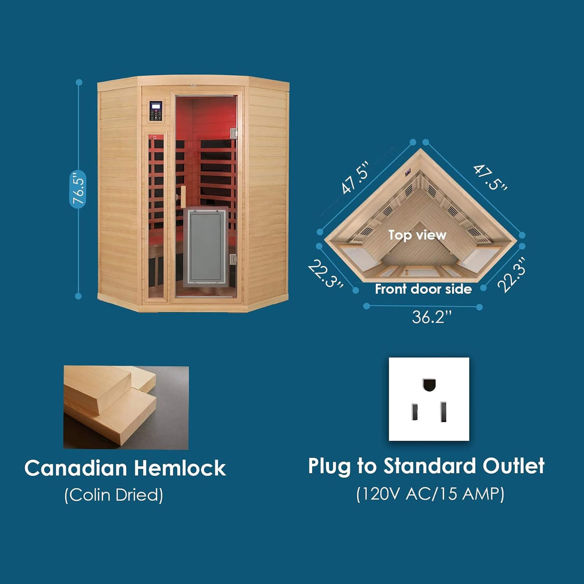Laurent Premium 2-Person 1600W Corner Space Infrared Wooden Sauna Room With Bluetooth Speakers (SAK81524)