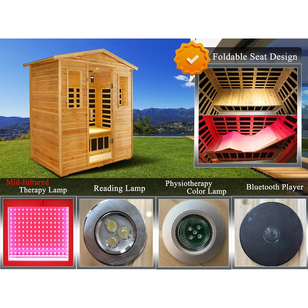 Kora Deluxe 3-Person Outdoor Full Spectrum Low EMF Infrared Home Sauna With Bluetooth Speakers And LED Reading Light (SAK14098)
