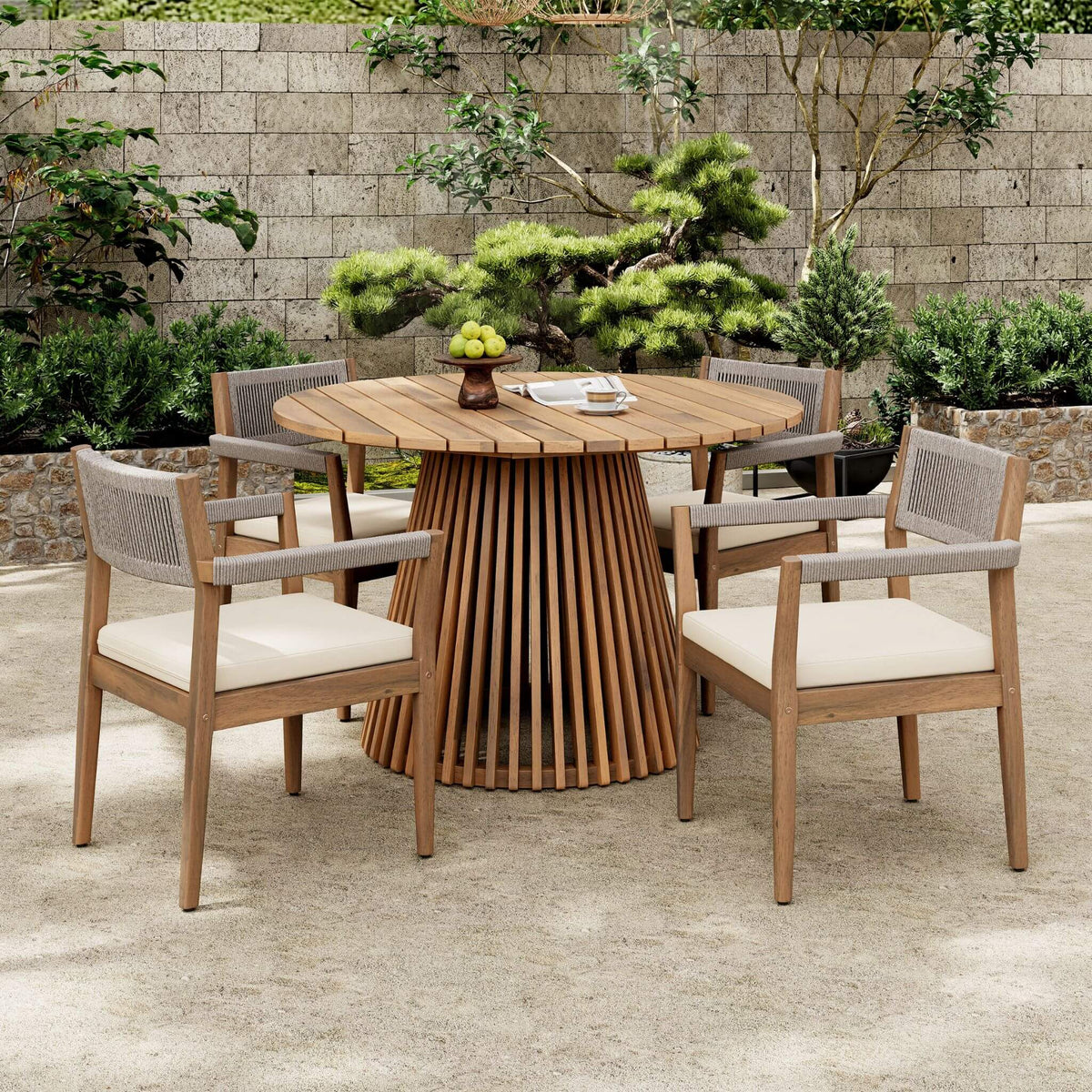 Premium 5-Piece Outdoor Acacia Wood Patio Furniture Set With Braided Dining Chairs, Cushions, And Dining Table (SAK26754)