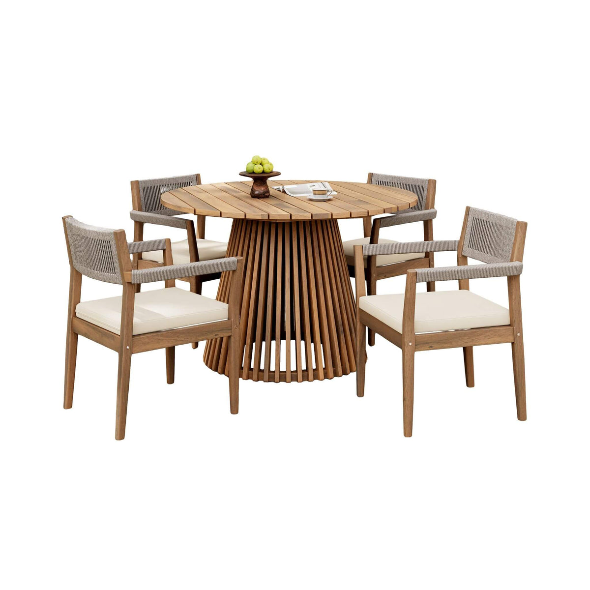 Premium 5-Piece Outdoor Acacia Wood Patio Furniture Set With Braided Dining Chairs, Cushions, And Dining Table (SAK26754)