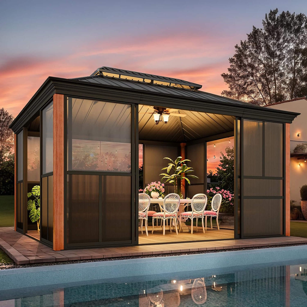 Solstice Premium All-Season Outdoor Wood Grain Sunroom With Sliding Doors And Double Top Roof (SAK58317)