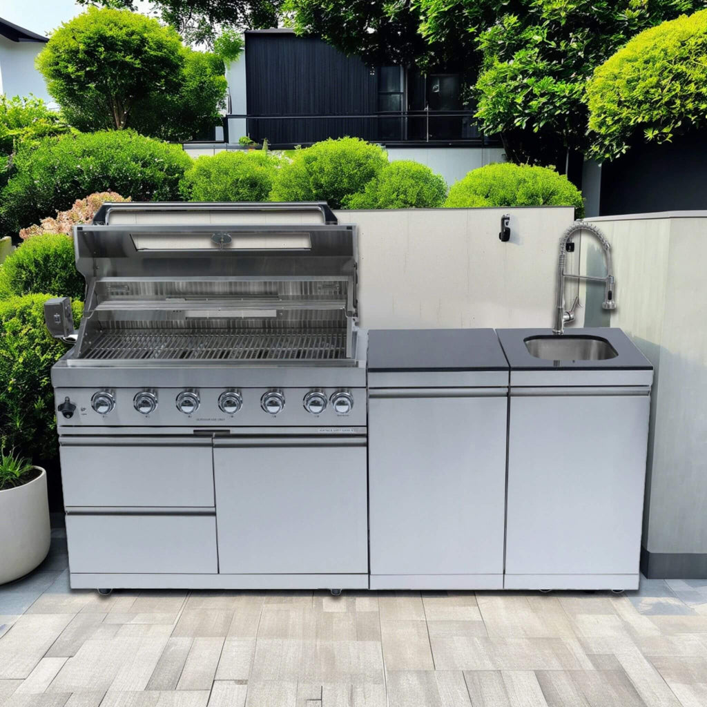 Tuscany Outdoor BBQ Liquid Propane Kitchen Grill Island With 43-Inch 6-Burner 85K BTU Propane Gas Grill, Rotisserie Kit, And Storage Cabinets (SAK95623)