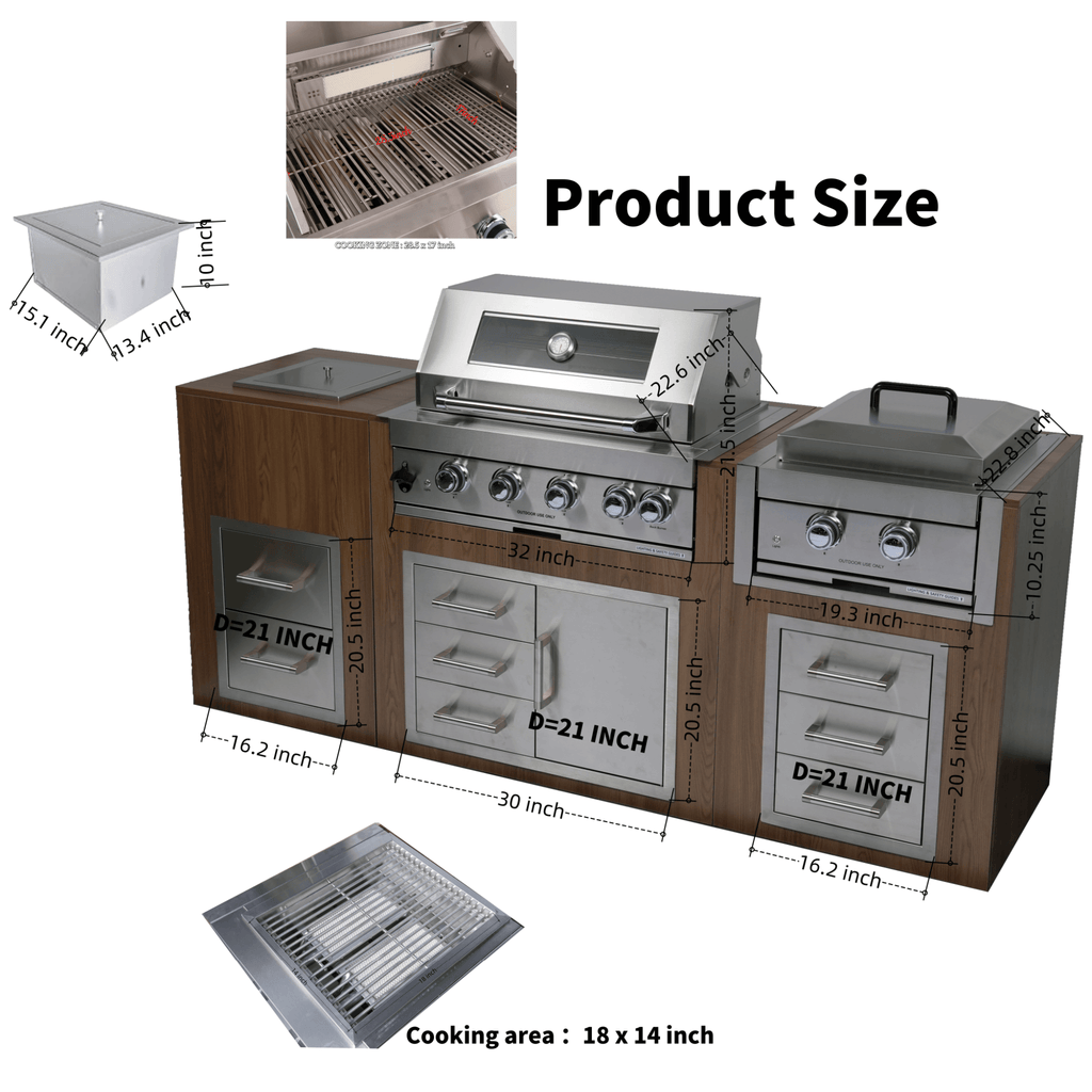Premium Outdoor Kitchen With 32-Inch 60K BTU Built-In Stainless Steel LPG Gas Grill, Door And Drawer Combo And Stainless Steel Ice Box (SAK98661)
